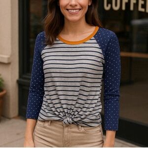 Self Esteem Navy/Gray Stripes & Polka Dots Long Sleeve Top Mustard Neckline - M